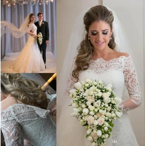 Designer Vintage Lace Wedding Dresses Off Shoulder Long Sleeves Cheap Sequins Beaded Beach Backless Bridal Gowns 2016 new HT1117193047