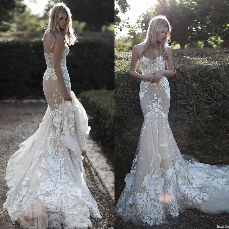 Elegant Lace Mermaid Bridal Dress: Nude Trumpet Gown With