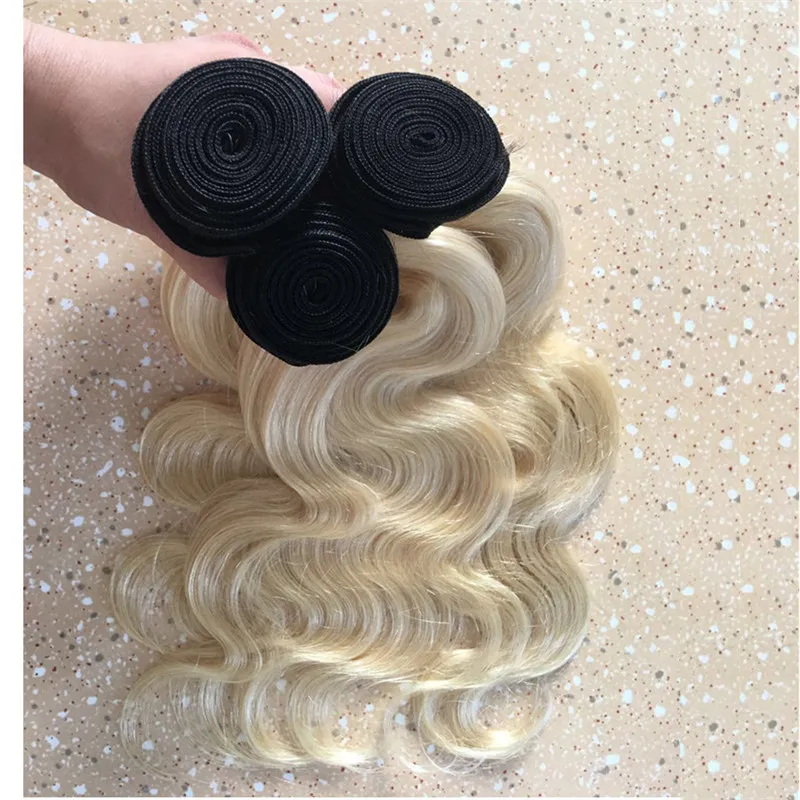 Dark Root Blonde Human Hair Two Tone 1b 613 Blonde Body Wave Human Hair Ombre Weave With Lace Closure Light Blonde Hair Bundles