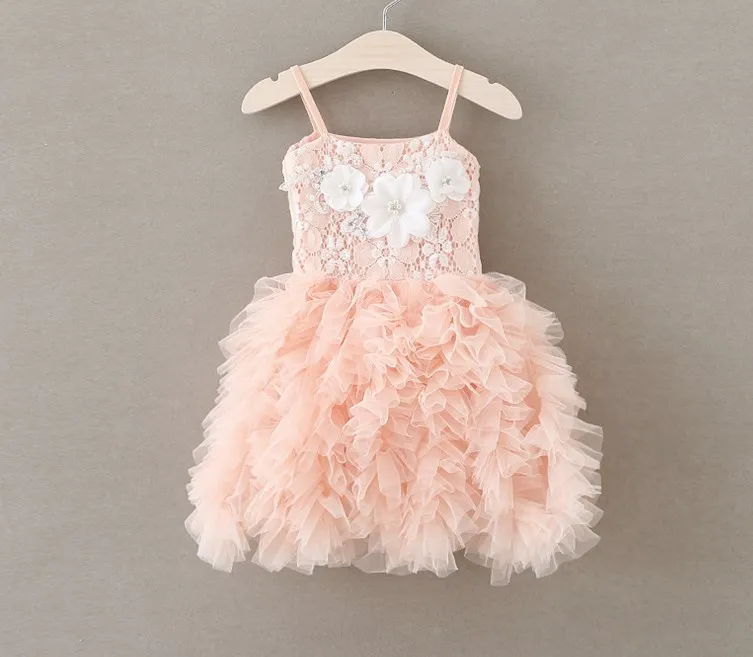 2016 sommer Kinder Mädchen Stereo Perle Blumen Spitze Pompom Kleider Mädchen Rosa Hosenträger Party Prinzessin Kleider Kleidung B4185