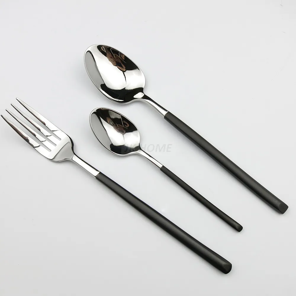 Jankng 4 Sztuk / partia Czarny Uchwyt Zestawy Flatware Gruby Ze Stali Nierdzewnej Polski Zestaw Sztućców Knife Spoon Fork Silverware Casual Obiad Zestaw