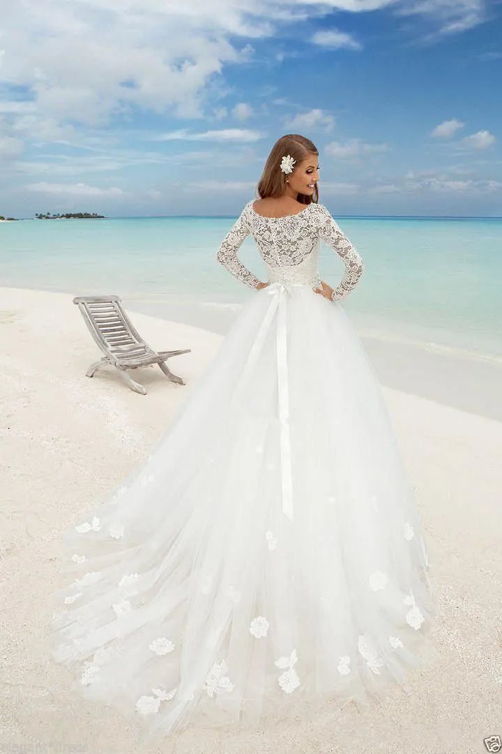 Piękna Plaża Z Długim Rękawem Suknia Balowa Suknie Ślubne Łódź Nisze Koronki Floral Fitted Zroszony Sash Summer Bridal Tani Arabski Czeski Kraj