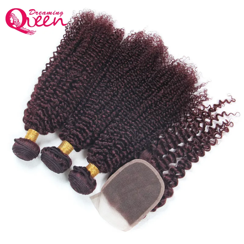 99J Bourgogne Ombre Brésilienne Crépus Bouclés Vierge Extension de Cheveux Humains 3 Faisceaux Avec 4x4 Dentelle Fermeture Noeuds Blanchis Naturel Hairli8321167