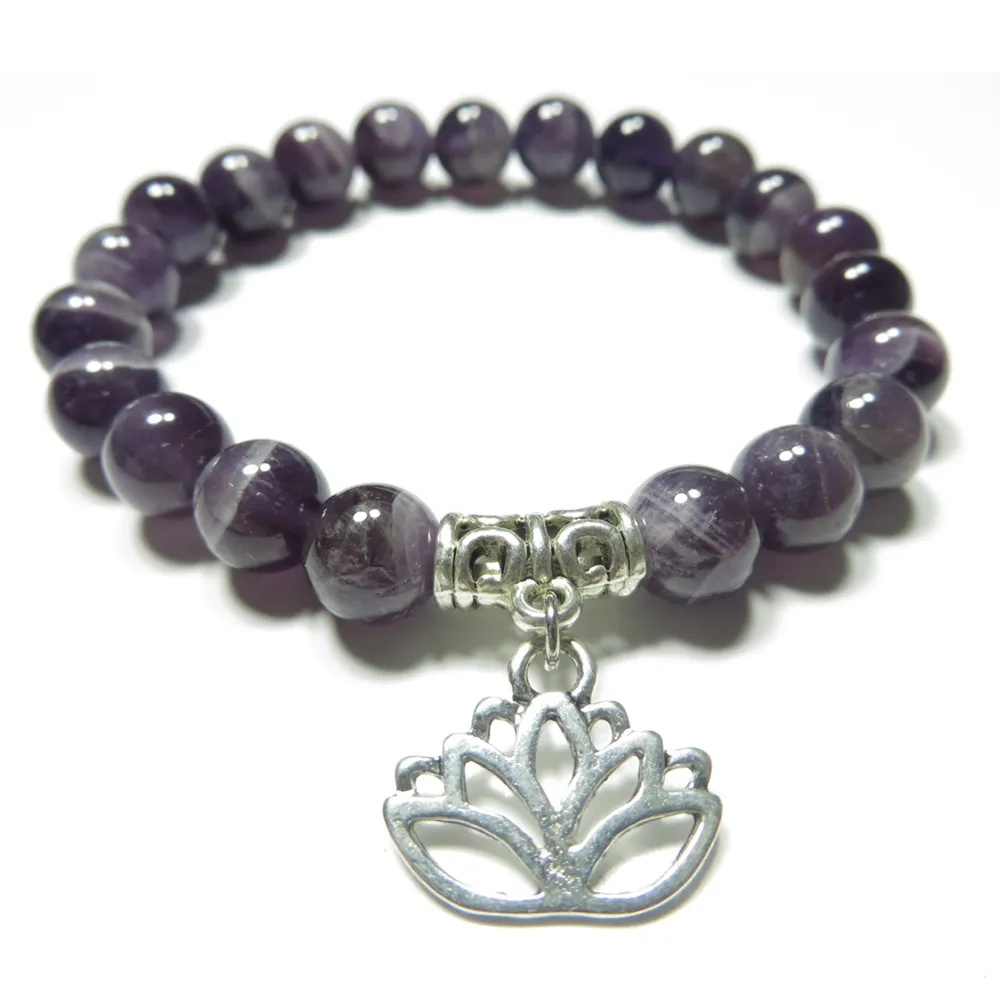 SN1119 Amethyst Healing Mala Bracelet Yoga Jewelry Lotus Wrist Mala Meditation Energy Strength Trendy Mother's Day Gift