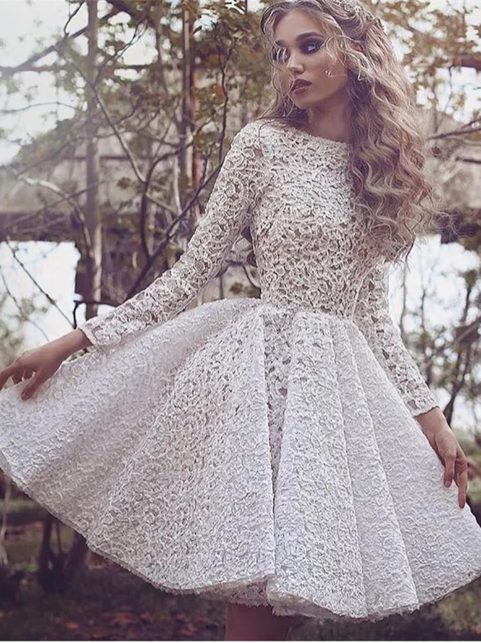 Långärmade Homecoming Klänningar Alla Vit Lace Applique Prom Klänningar Kort Bak <br loading=