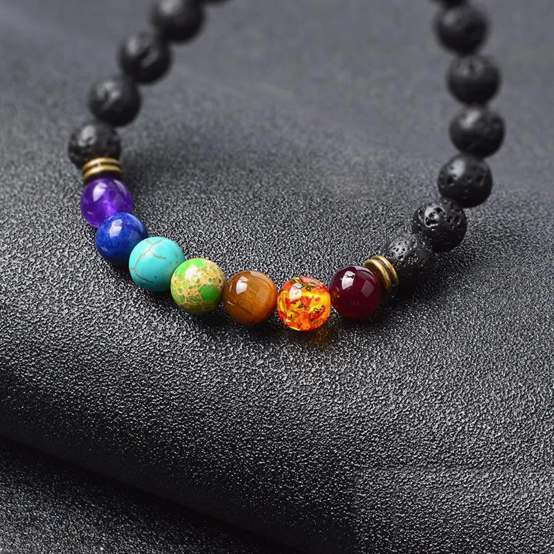 Novas pulseiras de pedra natural de lava negra 7 contas de Reiki Chakra pulseira difusora de óleo essencial para homens e mulheres joias