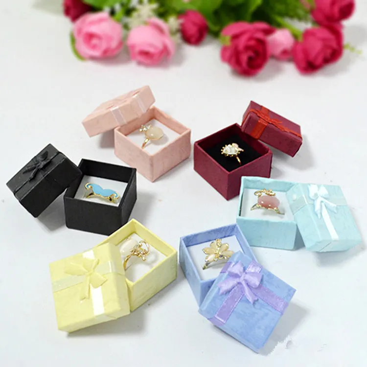 Big Sell Mixed Color Paper Gift Box 4*4*3cm Square With Bow Jewelry Earrings Ring Packaging Storage Gift Party Boxes Case
