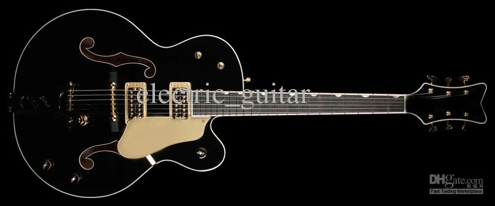 Dream Guitar Gre Black Falcon Jazz Electric Guitar Guld Sparkle Body Binding Hollow Body Double F Hole Bigs Tremolo Bridge Gold Hardware