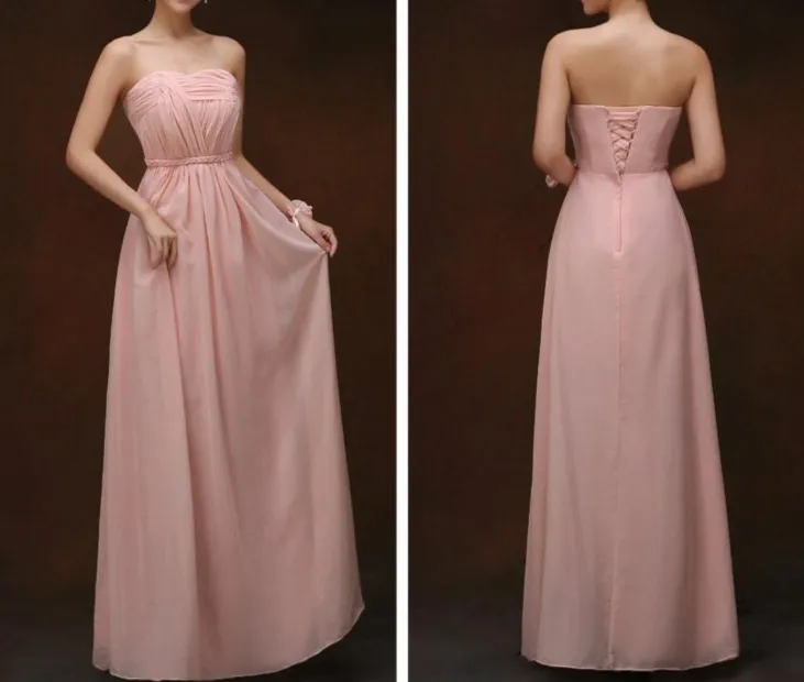 Plissiertes langes Brautjungfernkleid aus Chiffon in Nude-Rosa, bodenlang, A-Linie, Brautjungfernkleider mit Schnürung