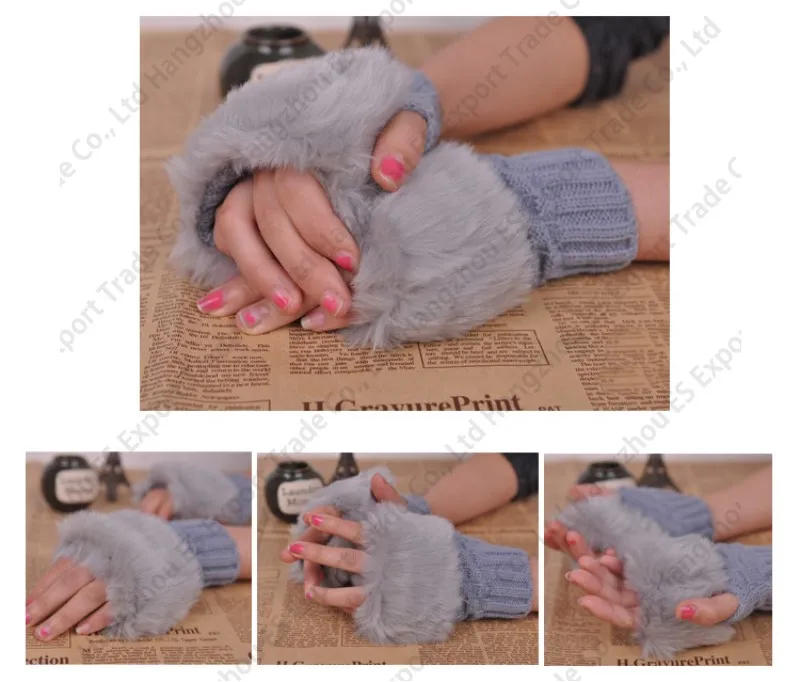 7 färger varma vackra handskar kvinnor stickad exponerad finger konstgjord ull päls handleden Fingerless vants gratis skepp