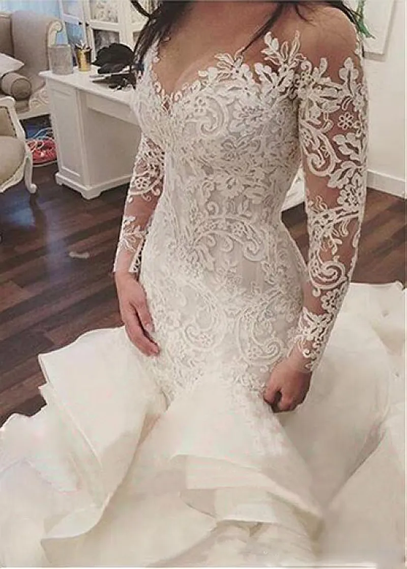 Vestido de noiva Uzun Kollu Gelinlik ile Sheer Boyun Vintage Mermaid Aplikler Dantel Tül Gelin Önlükler