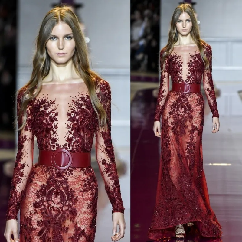 Zuhair Murad Uzun Kollu Abiye Bateau Aplikler Dantel Sequins Ünlü Törenlerinde Kat Uzunluk Akşam Parti Giyim