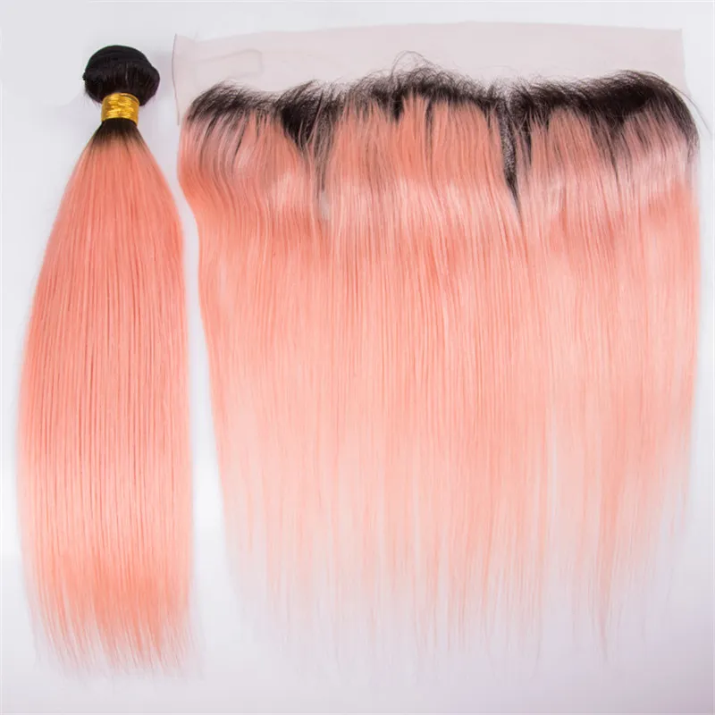Extensiones de cabello Ombre Dos tonos # 1B Oro rosa Ombre Paquetes de tejido de cabello humano virgen brasileño recto con cierre frontal de encaje rosa de 13x4 ''