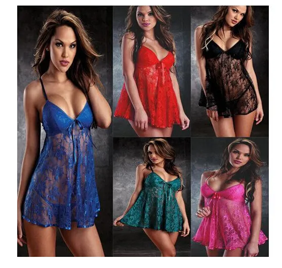 Vendita calda Nuova vendita di vacanza Hot Satin Sexy Lingerie Lady's Diaphanous Pigiama Gonna di pizzo Sleepwear Taglia M L XL 2XL 3XL