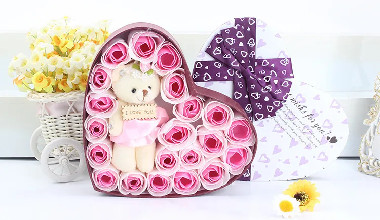 Savon Floral parfumé pour le corps, 20 pièces, en forme de cœur, pétale de Rose, avec petit ours, cadeau de saint-valentin, YC2057