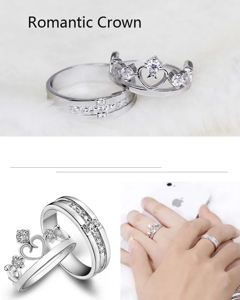 Engagement/Wedding 925 Sterling Silver Adjustable Size Ring Couple Rings Heart Crown Crystal Rings 