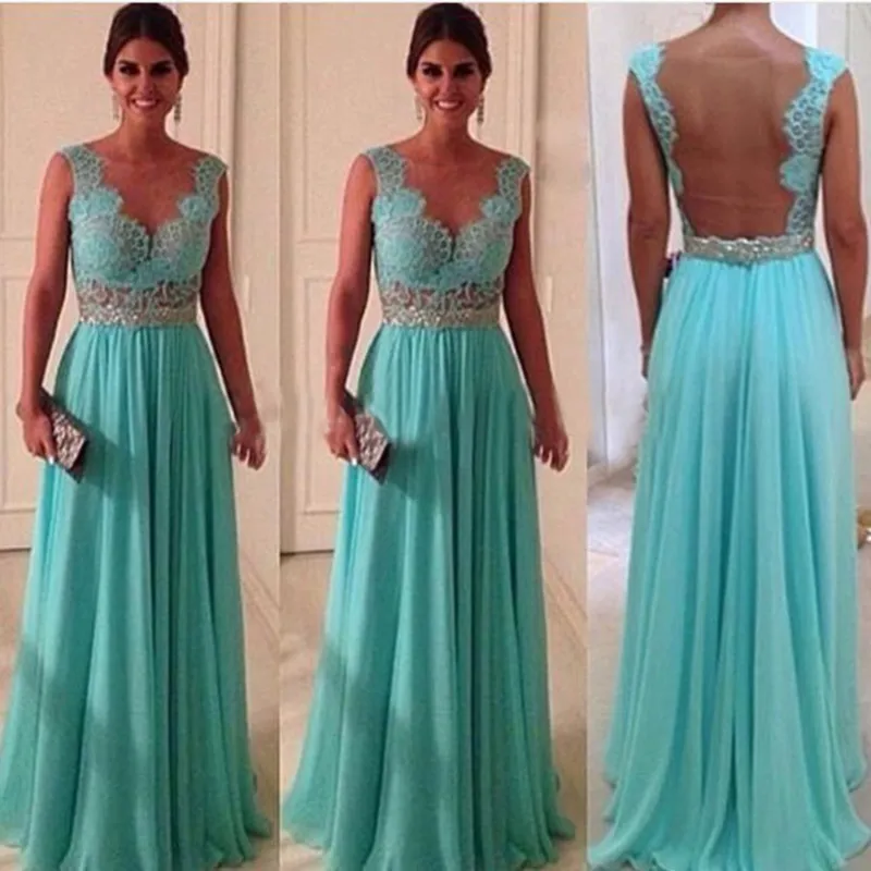 Venda quente Barato Turquesa Vestidos de Noite Sheer Neck Voltar Ver Através Azul Turquesa Longo Prom Vestido Em Estoque 2019