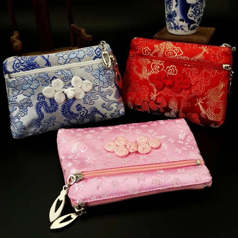 Nó chinês com zíper duplo em camadas Bolsa de viagem de jóias de jóias Bolsa de seda Brocade Money Pocket Pocket Purse Card Titular