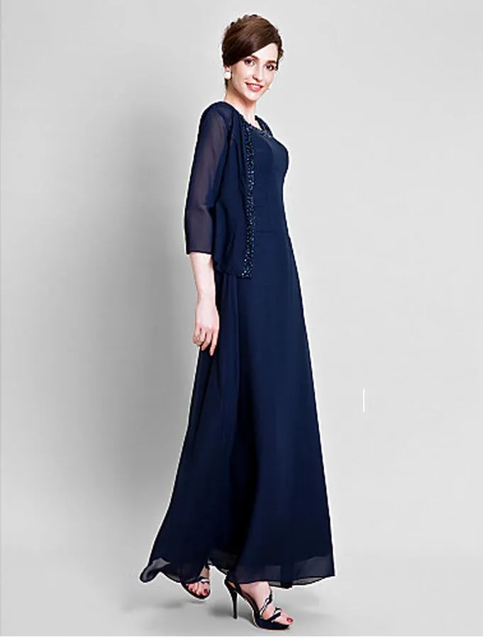 New Mother's Dresses Chiffon 3/4 Long Sleeve Jacket Scoop Mother Formal Wear Knee Length Sheath Column Short Gowns Wedding