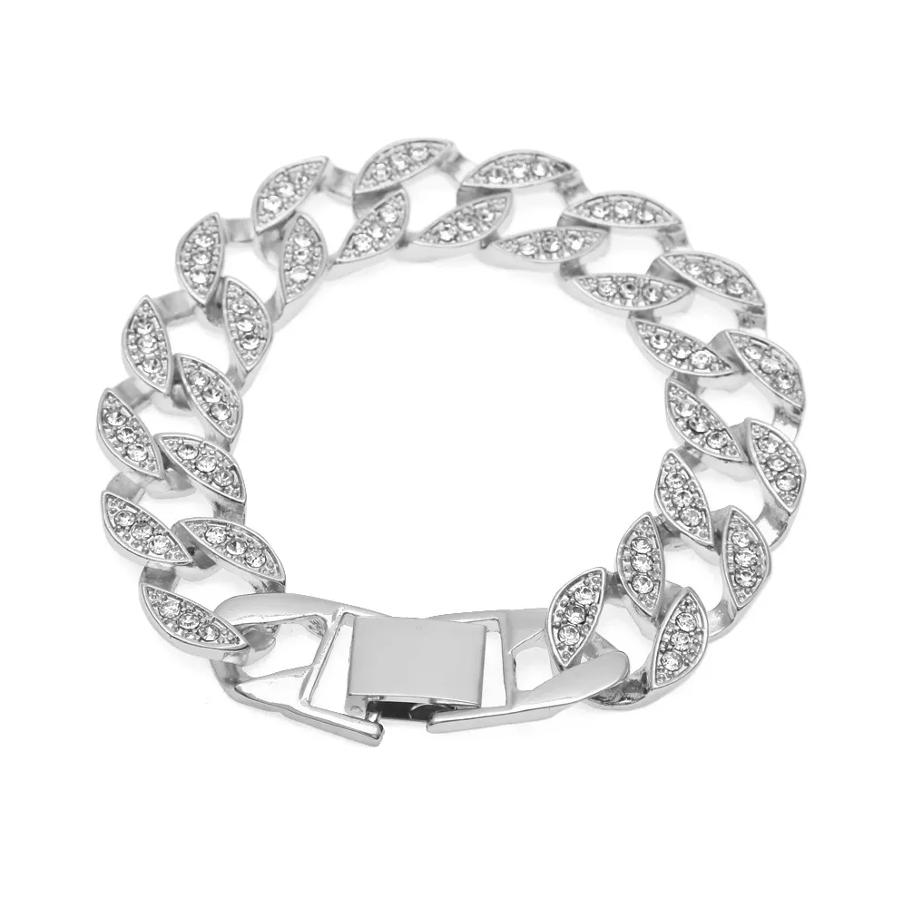 Novos Hip Hop Luxo Simulado Diamante Pulseiras Para Homens Prata Banhado A Ouro Congelado Para Fora Miami Cuban Pulseira