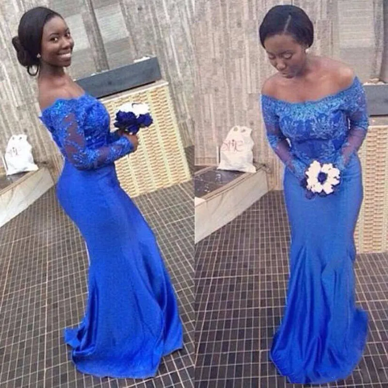 Robe de demoiselle d'honneur de célébrité sud-africaine bleue 2017 sur l'épaule sirène dentelle satin demoiselle d'honneur robes pure robes d'invité de mariage