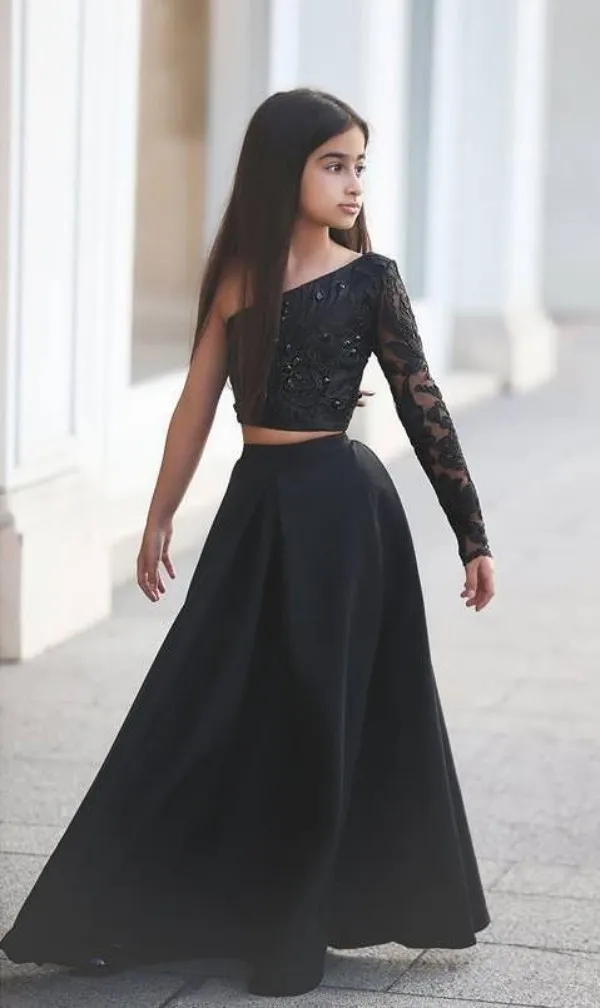 Stunning Girls Pageant Dresses A Line Popular Two Pieces Formal Gowns Black One Shoulder Long Sleeve Lace Appliques Crop Top