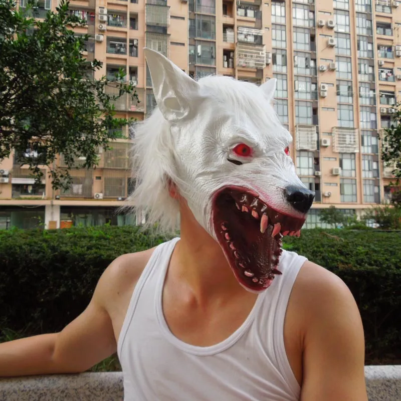ハロウィーンパーティーマスク血まみれの口赤目の新しいオオカミのマスク怖い動物マスク不気味なカーニバルコスチュームホワイトブラウンカラー送料無料