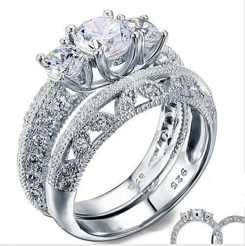 Vintage Style Victorian Art Deco 1.5 Ct Created Diamond Solid Sterling 925 Silver 2-Pcs Wedding Engagement Ring Set