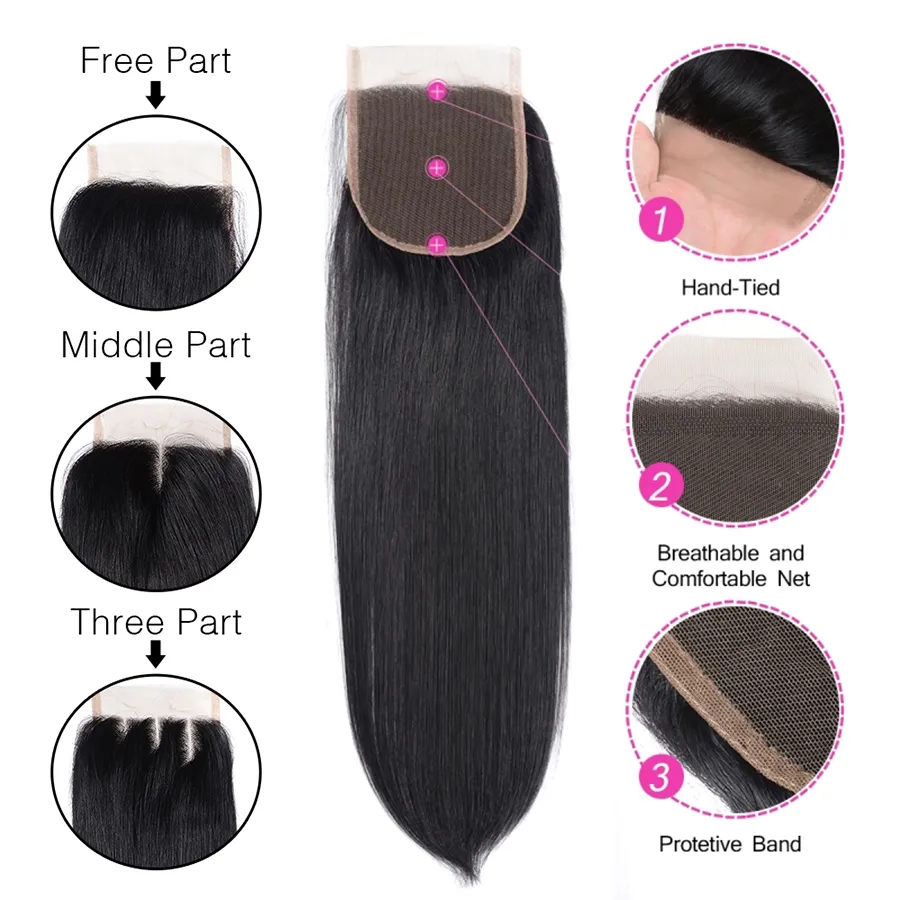 Brazilian Silk Straight Pure Color Human Hair 4x4 Lace Closure With 2 Bundles Double Weft Weave Peruvian Malaysian Indian Virgin H2131478