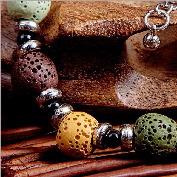 Mode Böhmischen Lava Stein Mehrfarbige Armbänder Armreifen Für Frauen Schmuck Silber Überzogene Ätherisches Öl Diffusor Armband