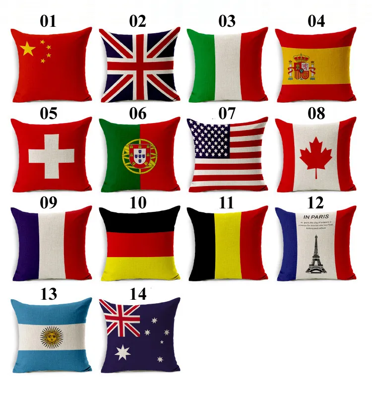 National Flags Cushion Cover American British Kanada Franska Flaggor Kuddehus Hem Kontorekreter Högkvalitativ Vacker kudde täcker DHL