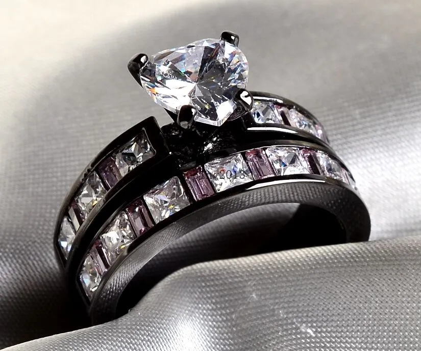 2016 Nouvelle Arrivée Bijoux Pour Femmes 10Kt or noir rempli Saphir Simulé Diamant De Mariage Fiançailles Coeur Bague ensemble cadeau Taille 5-11