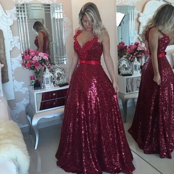 Bling Bling Bourgogne Robe De Bal Longue Vin Rouge Paillettes Une Ligne Dos Ouvert Robes De Soirée Tenue De Soirée Dentelle Perlée Appliques Bow Sash Personnalisé