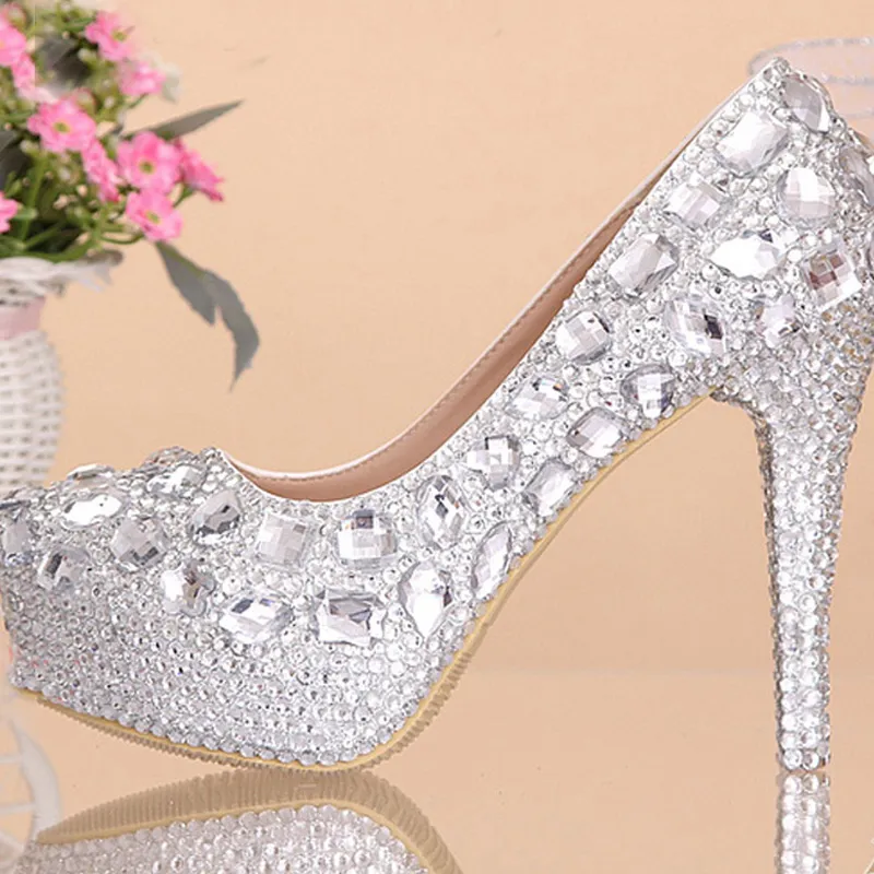 Bröllopskor kvinnor höga klackar kristall mode brud klänningskor kvinna plattformar silver strass parti prom pumps2655