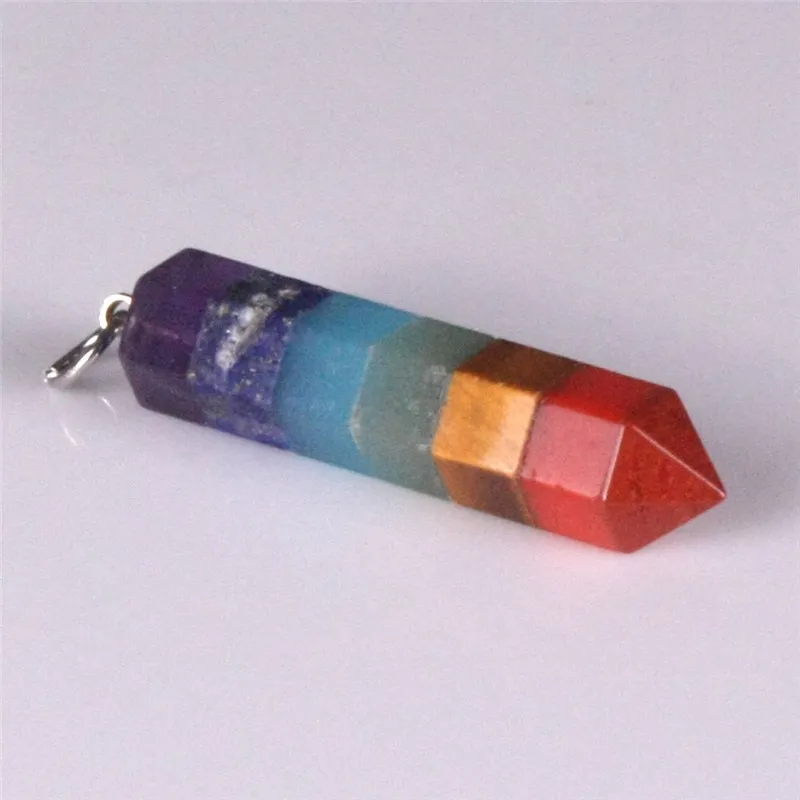 Rainbow 7 Chakra Layered Amethyst Lapis Aventurine Tiger Eye Jasper Healing Dowsing Reiki Gem Stone Charms Pendulum Crystals Hexagon Pendant