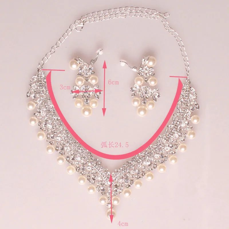 Bridal Wedding Rhinestone Crystal Pearl Necklace And Stud Earrings Jewelry Set - Silver Plated