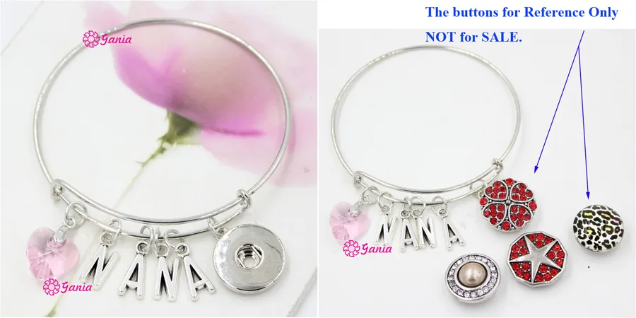 Nyankomst Utbytbar Rosa Kristallhjärta Initial Letter Love NANA Wire Expandbar 18 mm Snaps Armband Armband för Valentine