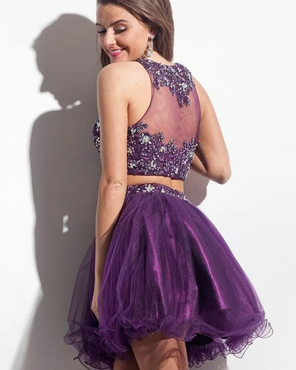 Sexig lila kort två stycken Homecoming klänningar 2021 Beaded Crystal Appliques A-Line Prom Cocktail Graduation Gown Q41