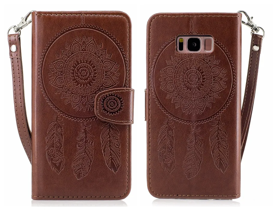 Flip for Samsung Galaxy S5 S6 S7 Edge S8 Plus Case Cover Card Wallet Dreamcatcher Peacock för Galaxy S8 Plusfall