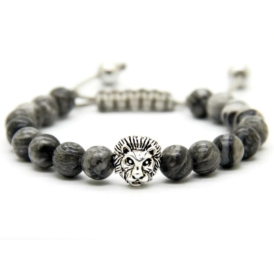 Retail Men's Bracelets 8mm Stone Beads Gold Silver Plated Lion Head Braiding Bracelets220K