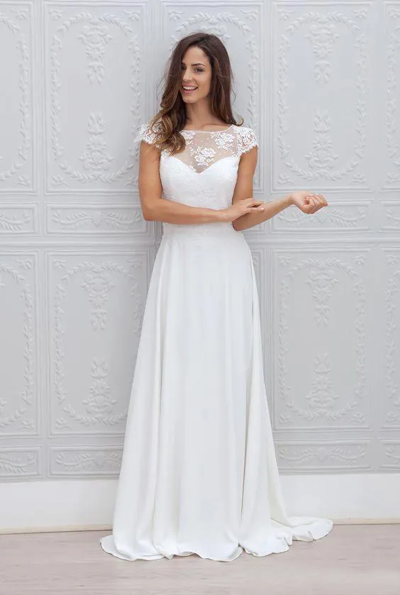 Robes de mariée de plage de style simple pas cher 2018 Sheer Lace Top Dos ouvert manches coiffées Une ligne balayage train robes de mariée en mousseline de soie blanche EN110112