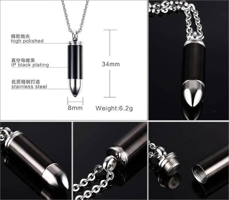 5 kleuren mannen titanium stalen urn medaillons kettingen crematie case parfum fles bullet hanger kettingen ketting vrouwen sieraden kunnen open zijn in Ashes