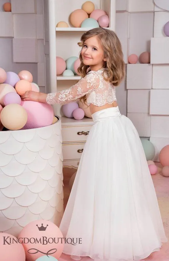 2016 Mooie Kids Pageant Jurken Sexy Sheer Kant Applique Juweel Hals Illusion Lange Mouw Twee stukken Een lijn Tule Meisje Prom Dress