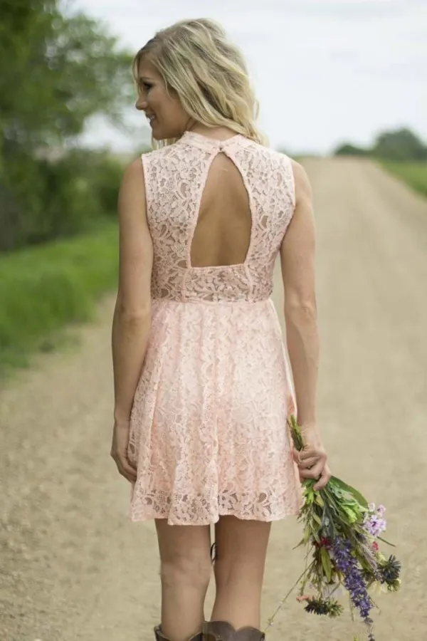 Country Bridesmaid Dresses 2019 Blush Pink Short Lace Bridesmaids Gown Illusion High Neck Beads Sequins Open Back Dress for Weddings