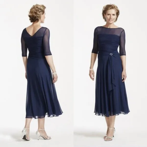 Długość herbaty Matka Bride Suknie Rękawy Dark Navy Szyfonowa Sheer Bateau Neck Pół Rękawy Ruched Krótkie Suknie Matki Made Custom