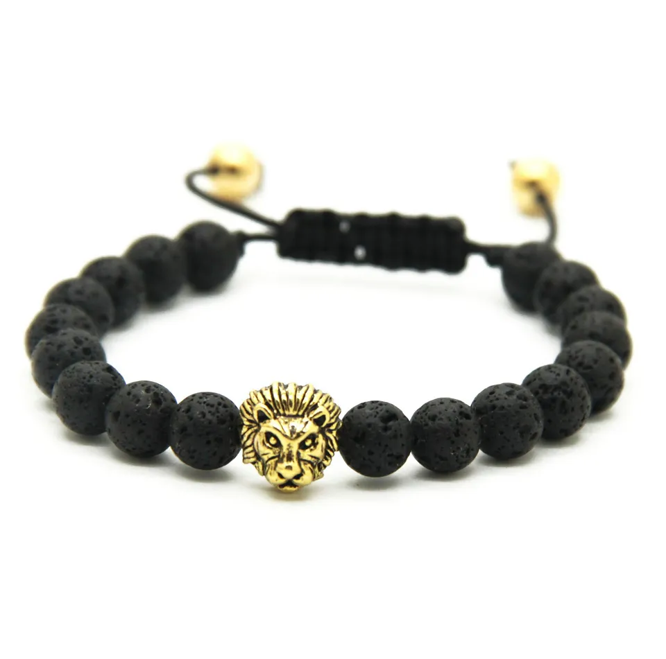 Retail Men's Bracelets 8mm Stone Beads Gold Silver Plated Lion Head Braiding Bracelets220K