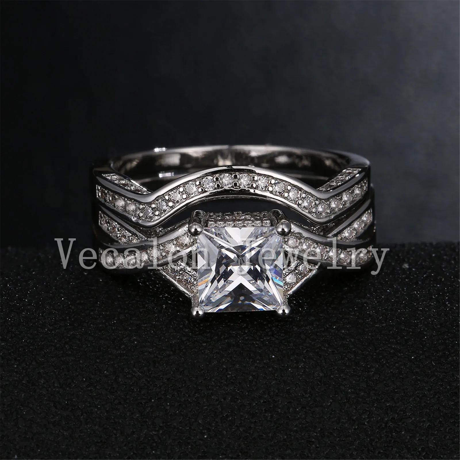 Vecalon marca 2016 nova princesa corte 2ct cz simulado diamante 10kt branco ouro enchido anel de casamento conjunto para mulheres