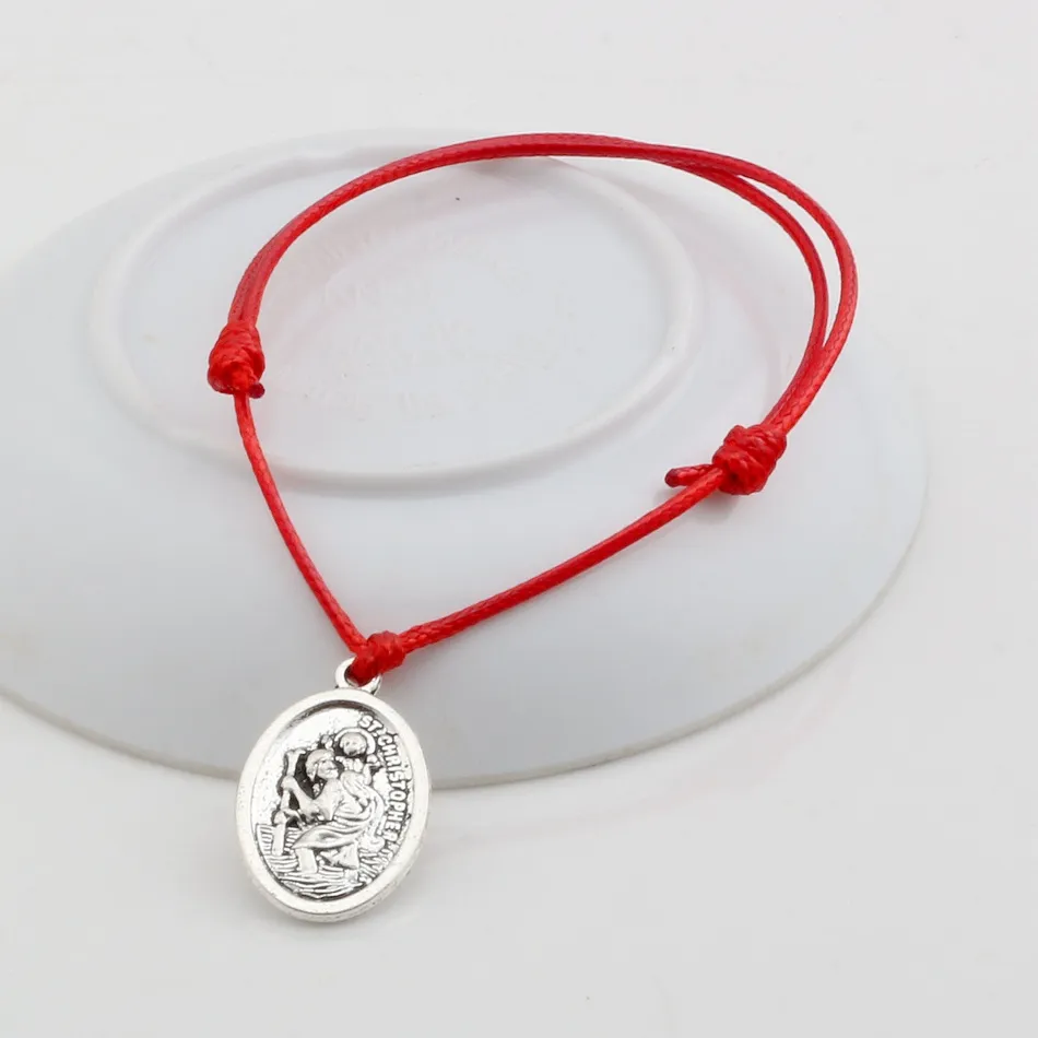 20 stks verstelbare armbanden rode wassen touw antiek zilverlegering st Christopher charm verstelbare armband B-31