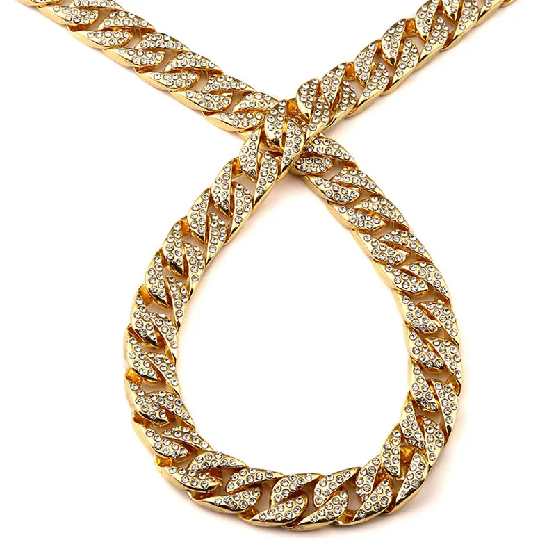 Heavy 24K Solid Gold Plated MIAMI CUBAN LINK Exaggerated Shiny Full Rhinestone Necklace Hip Hop Bling Jewelry Hipster Men Curb Cha305M