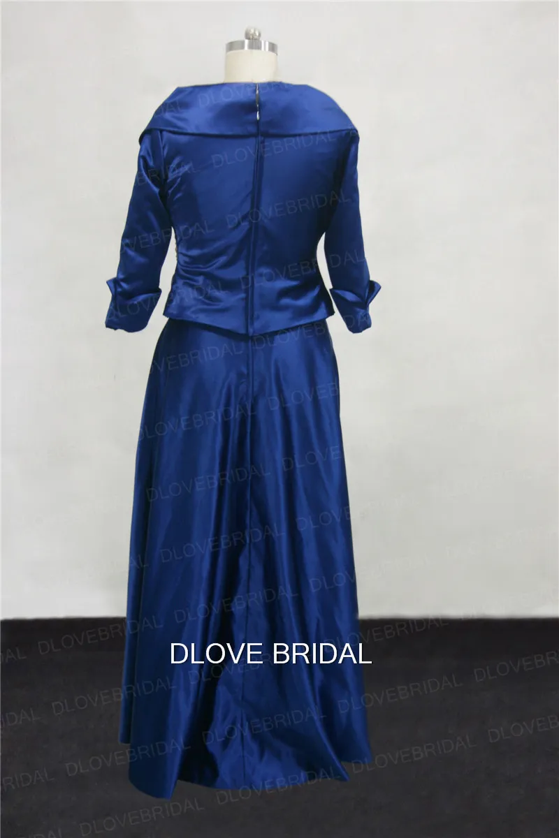 Royal Blue Taffeta Mother of the Bride Dress with 34 Long Sleeves Real Po Wedding Guest Gown A Line Floor Legnth Dresses8374877